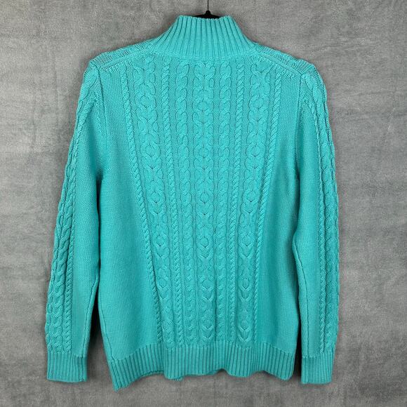 LL Bean Sweater Womens Large Teal Cable Knit Full Zip Cardigan Fisherman Cotton - Picture 7 of 14